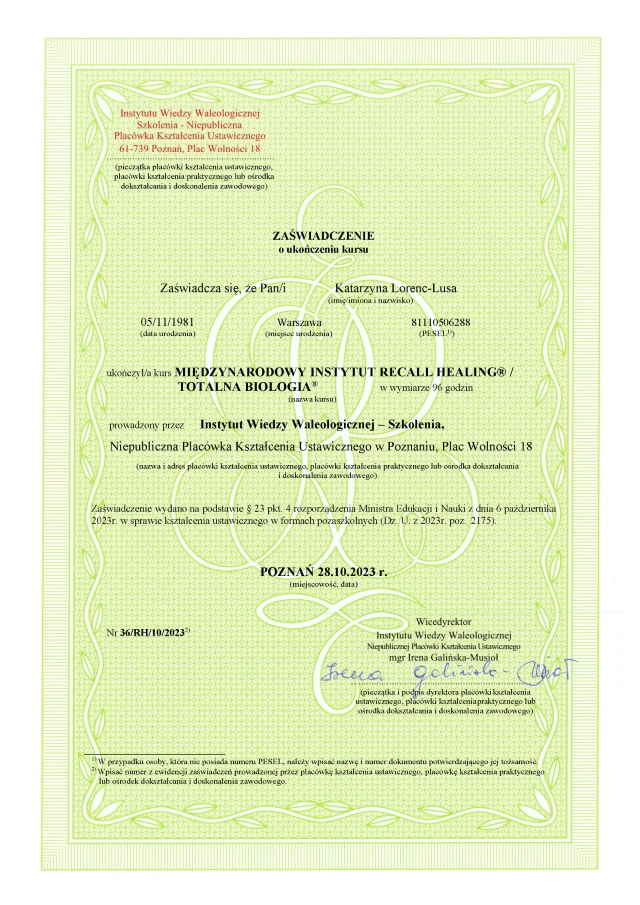 Certyfikat MEN Recall Healing/Total Biology